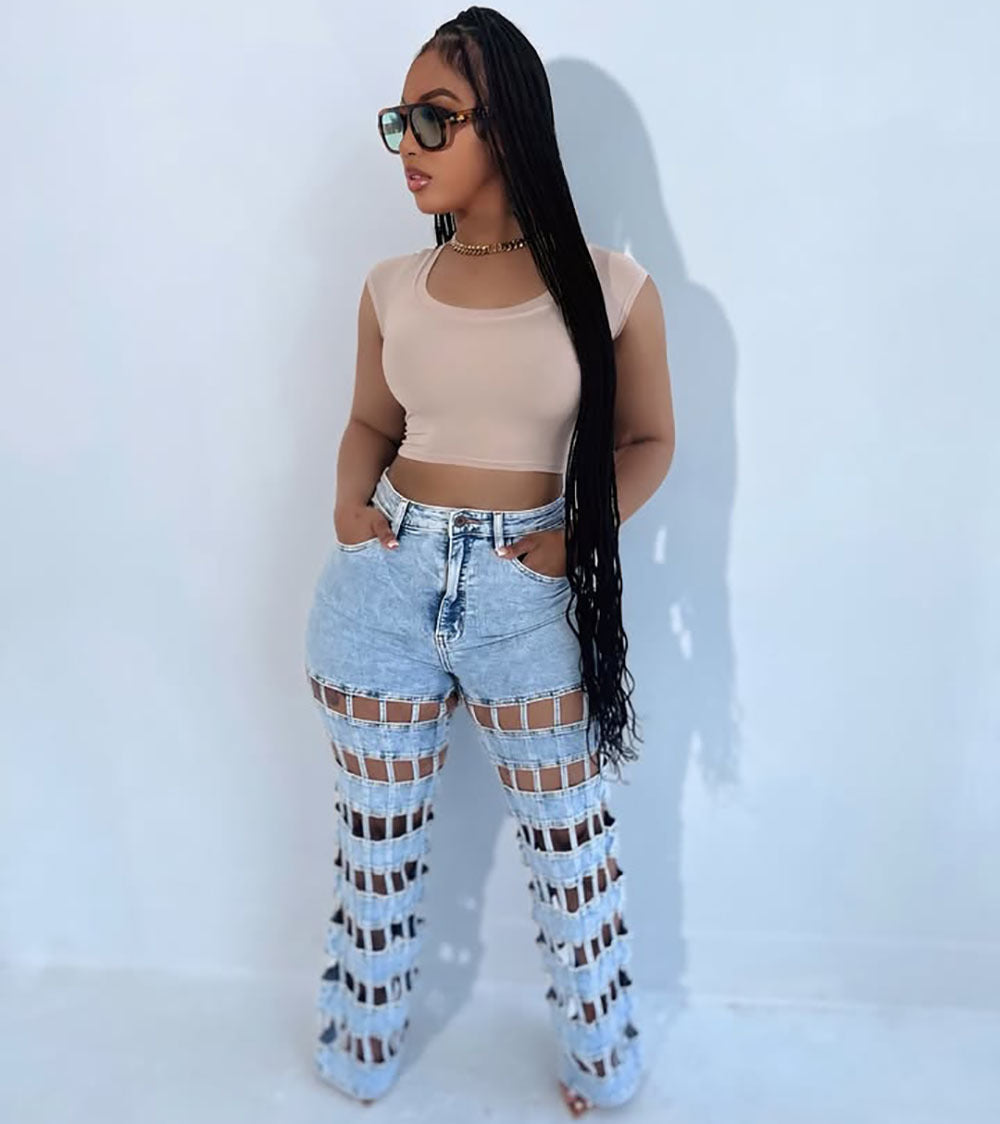 Women trendy hollow ripped checkered denim pants 7