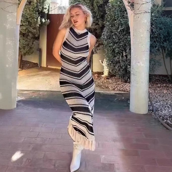 Tight Fitting Striped Tassel Sweater Dress Slim Fit Knit Fashionable Elegant Dress 8