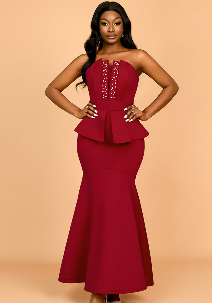 Strapless Beaded Fishtail Ruffled Slim Long Evening Dress