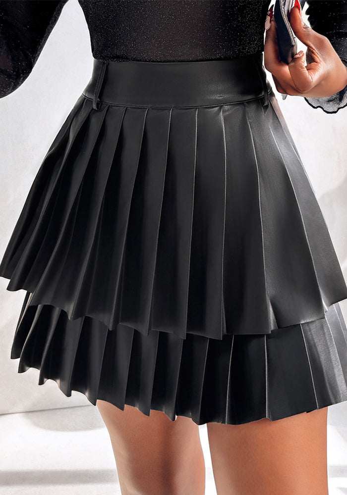 Women's High Waist Double Pleated Pu Leather Skirt