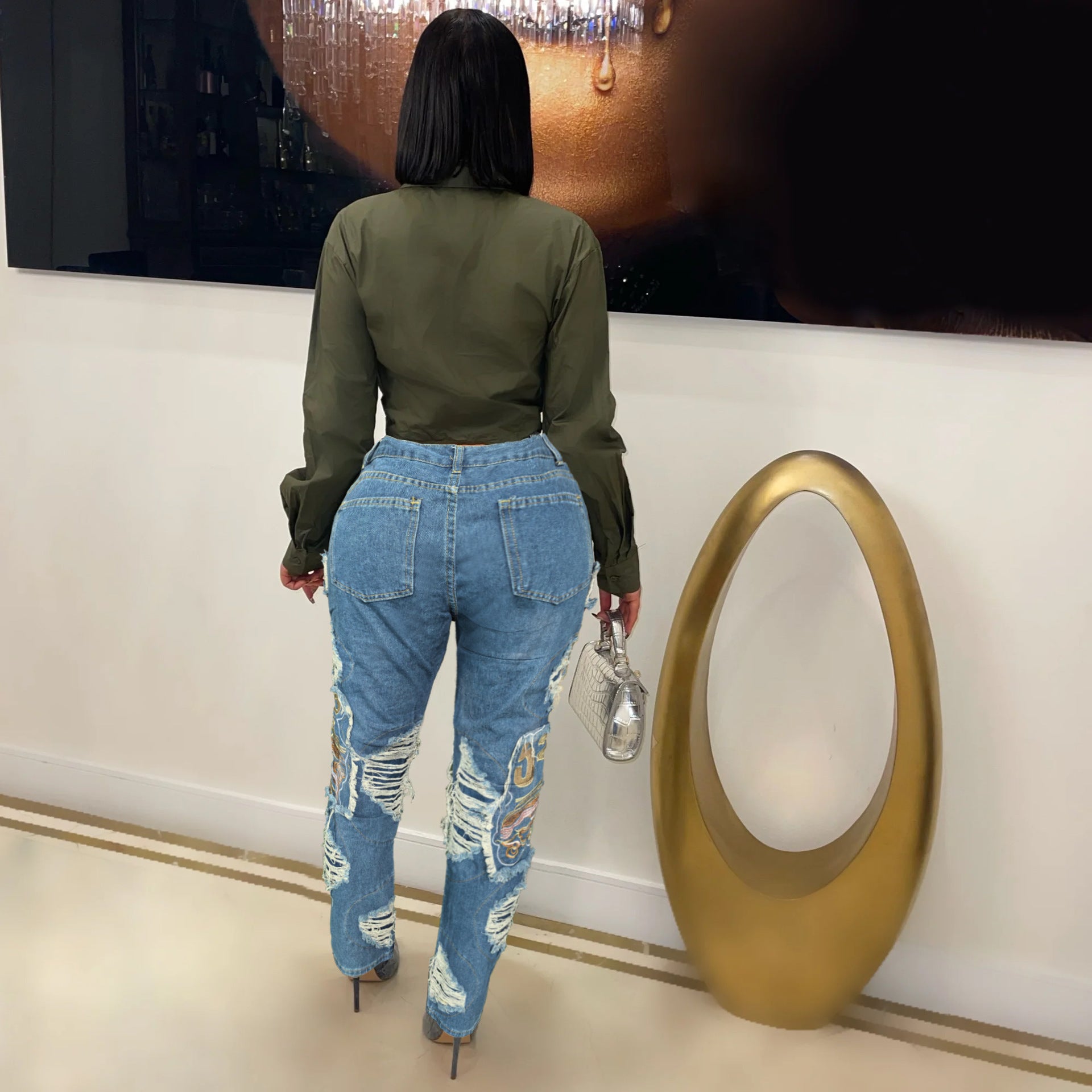 Women Pocket Cargo Ripped Embroidery Straight Denim Pants