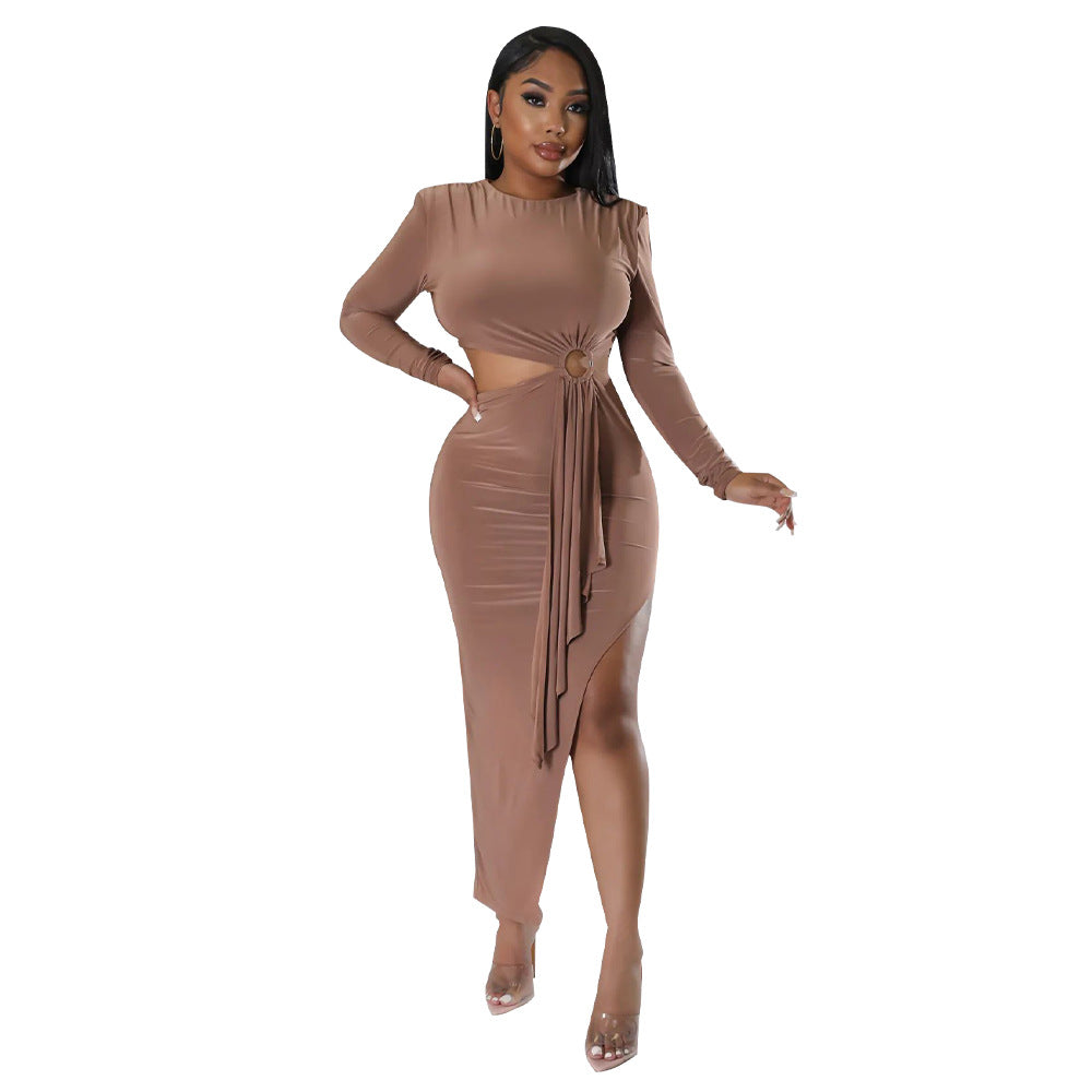Women'S Fall Round Neck Sexy Open Waist Slit Irregular Dress 6