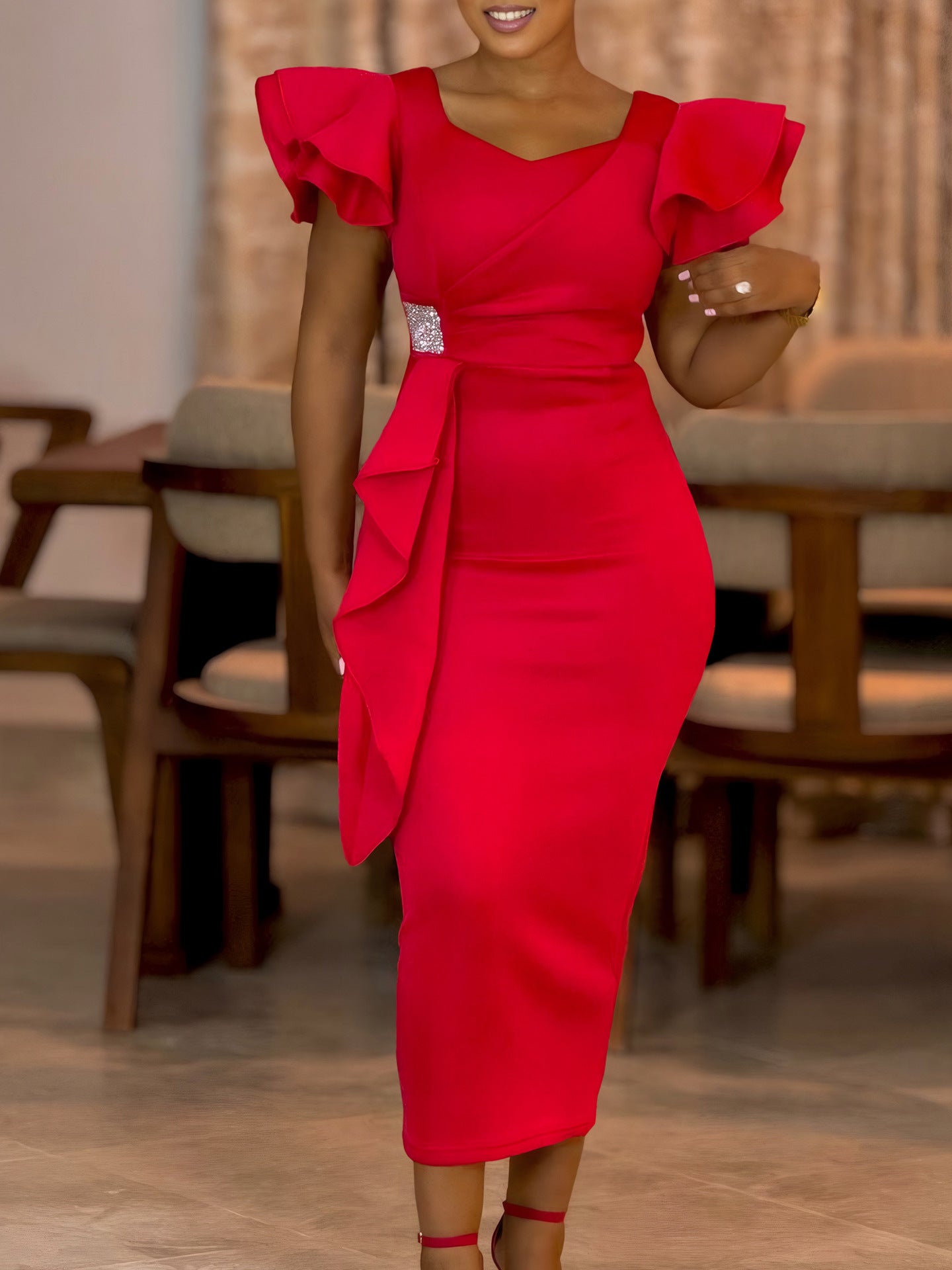 Women Elegant Ruffle Solid Bodycon Dress 6