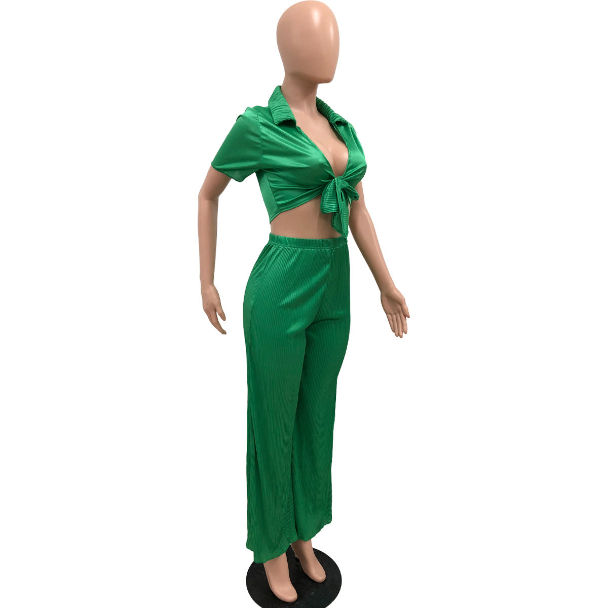 Women Lace-Up Crop Top and Pleated Wide-Leg Pants Two-Piece Set 12