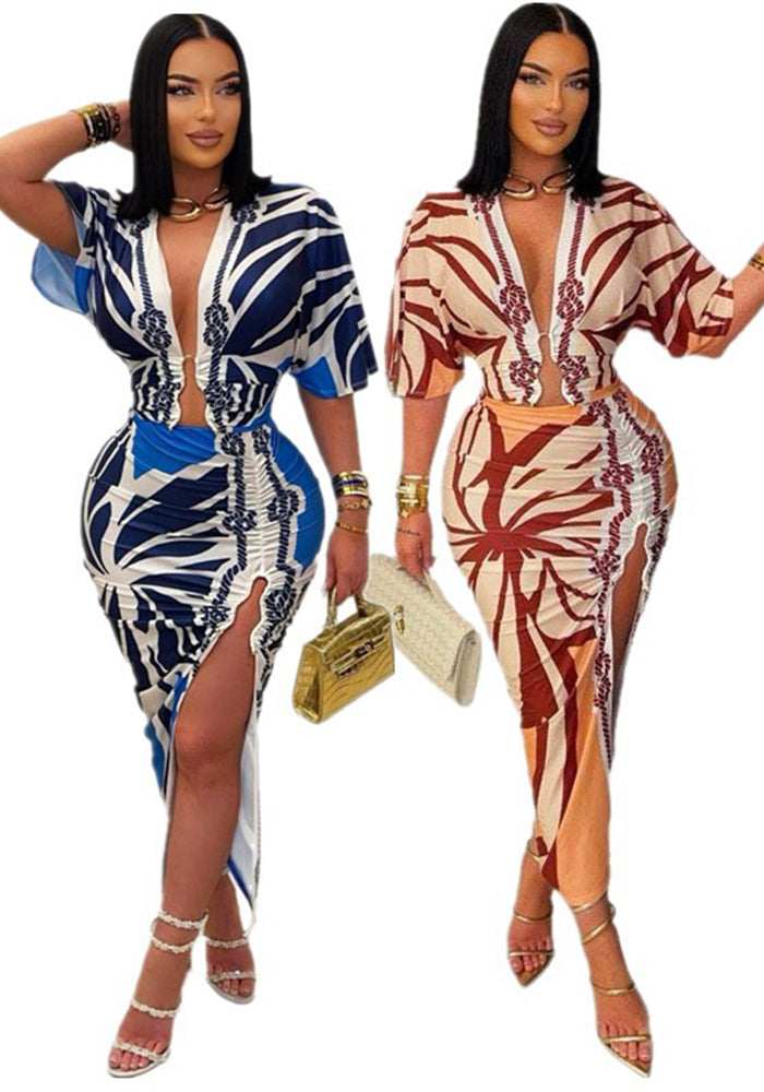 Women V Neck Short Sleeve Bodycon Print Dress