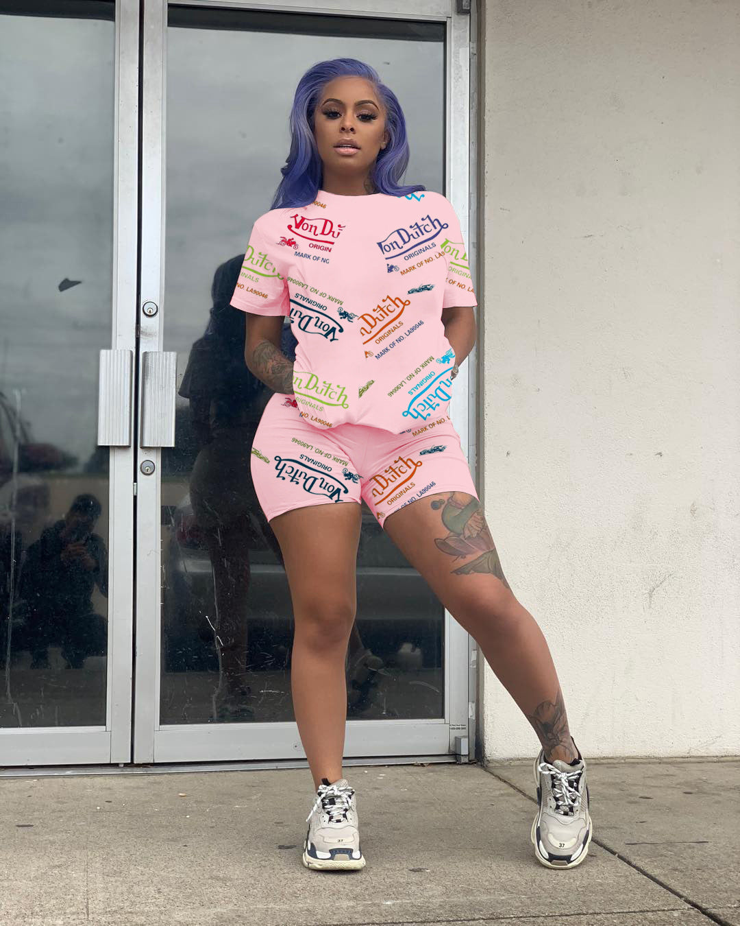 Women Sexy Letter Print Round Neck Short Sleeve Top and Shorts Two Piece Set 7