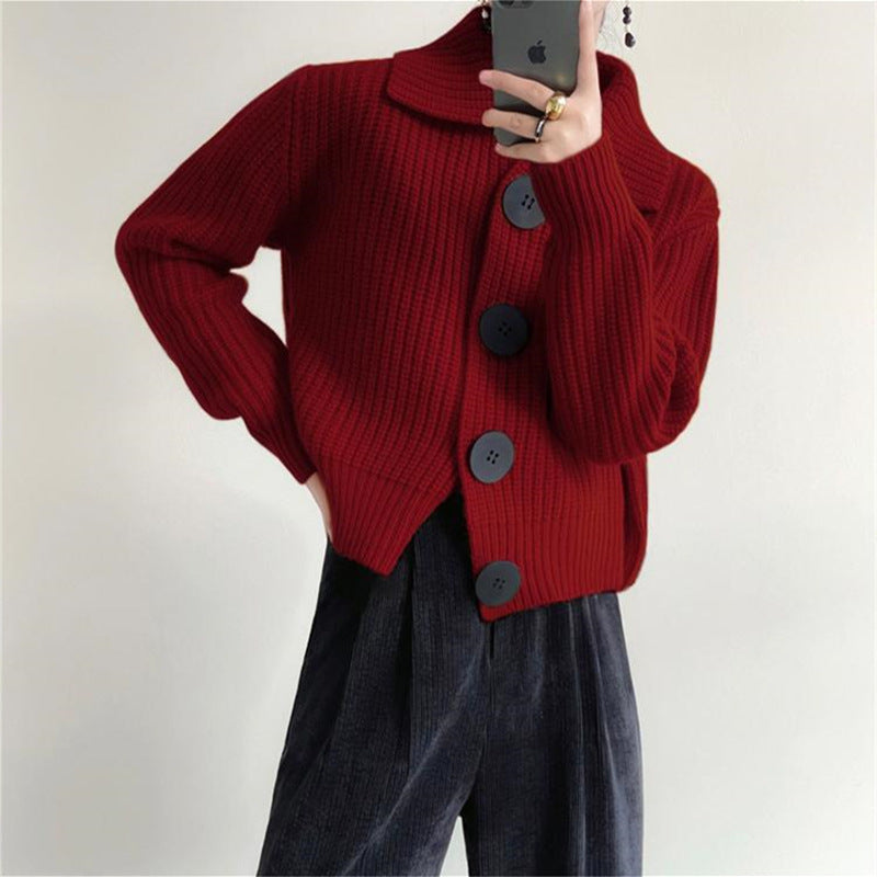 Lazy Style Sweater Jacket Autumn And Winter Loose Turndown Collar Large Button Knitting Cardigan For Women 13