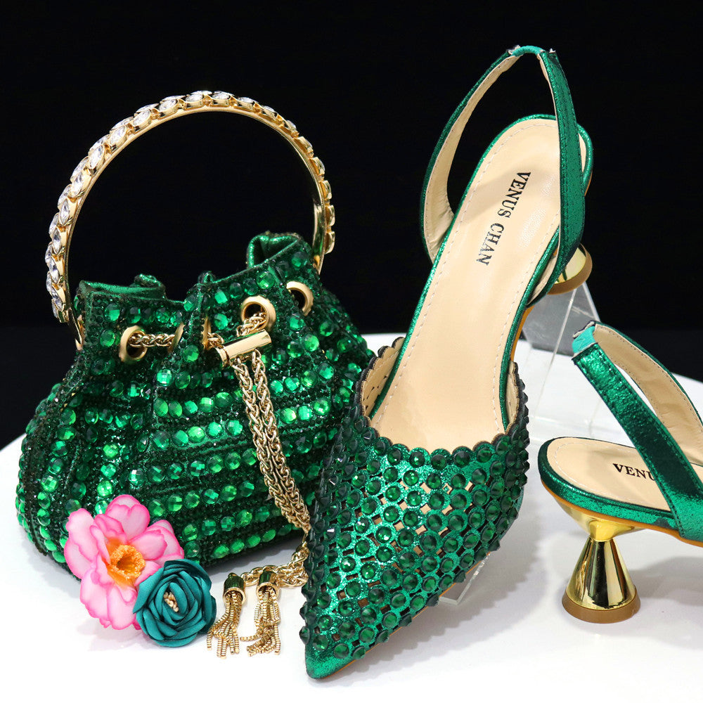 Colorful Rhinestone Bucket Handbag Paired With Pointed Toe Women's Medium Heel Shoes 14