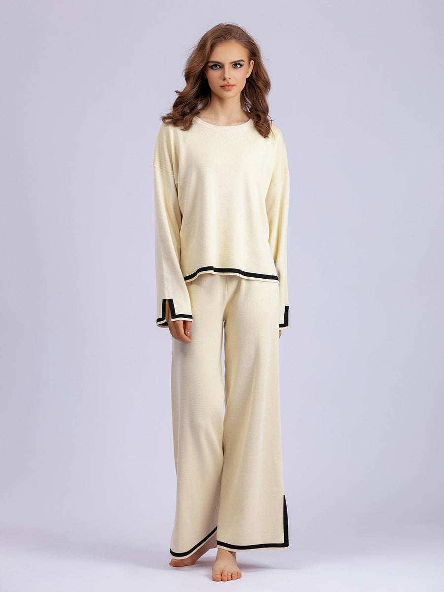 Autumn And Winter Chic Contrast Color Split Long Sleeve Knitting Top High Waist Wide Leg Pants Two-Piece Set 12