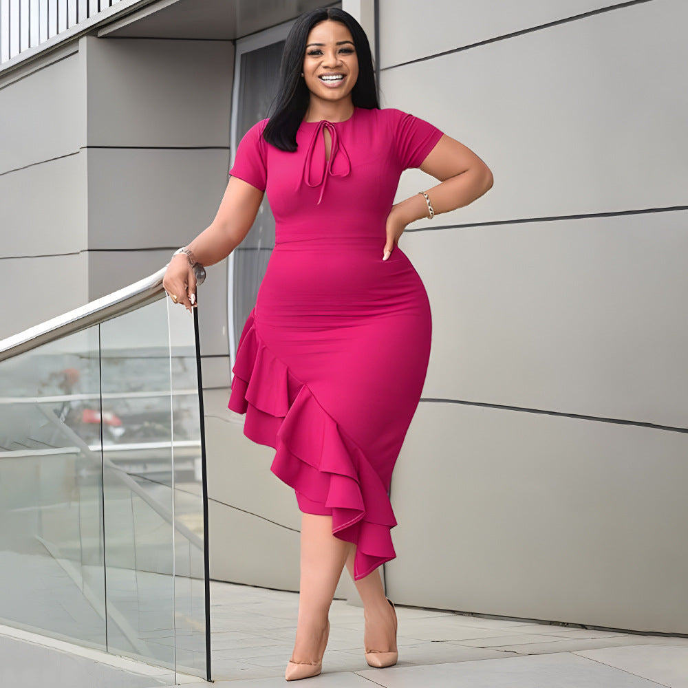 fashion Plus Size women's sexy Casual tie neck ruffle bodycon dress 4