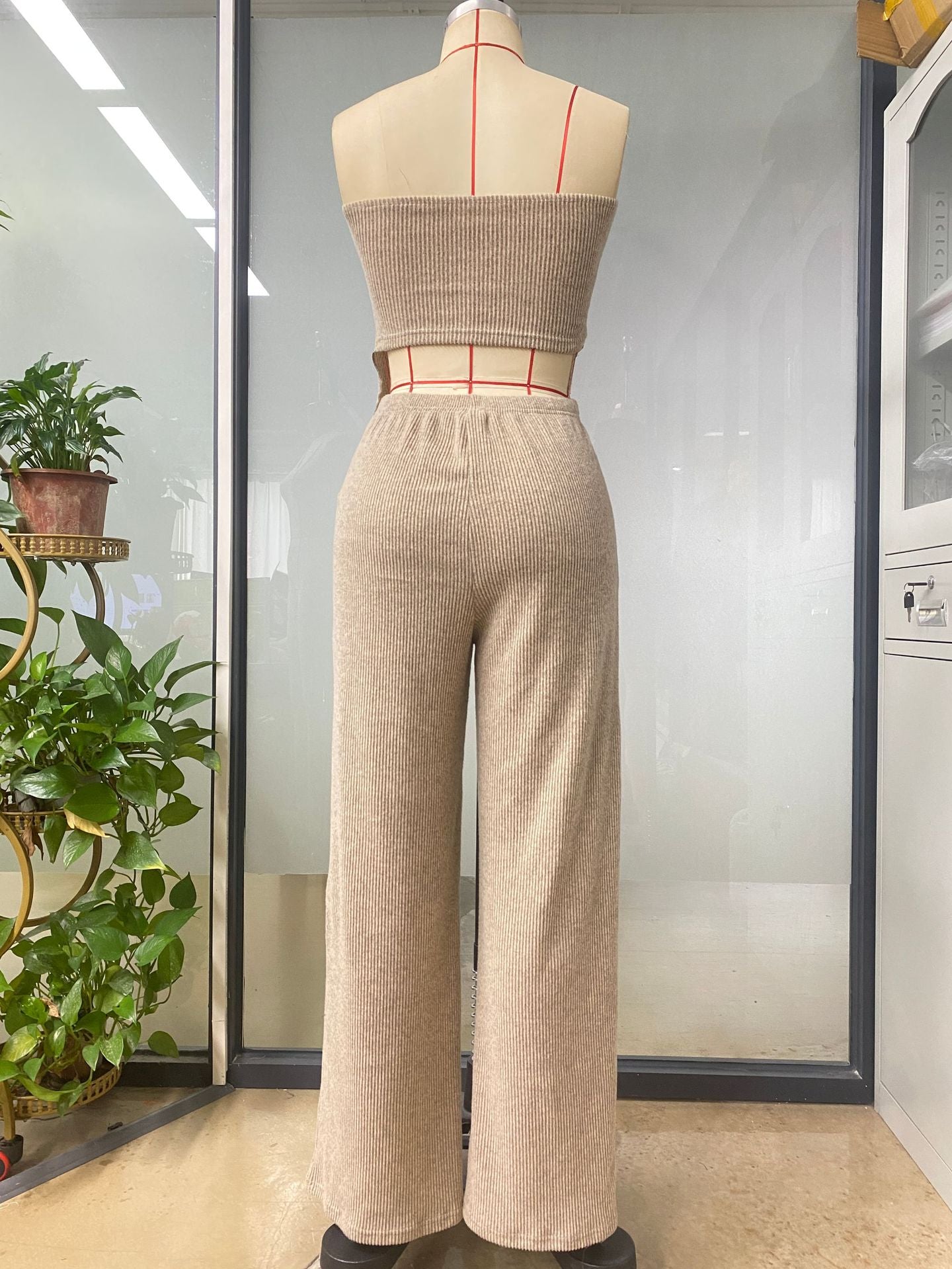 Women Summer Career Ribbed Sleeveless Tie Top and Pant Two-Piece Set 6