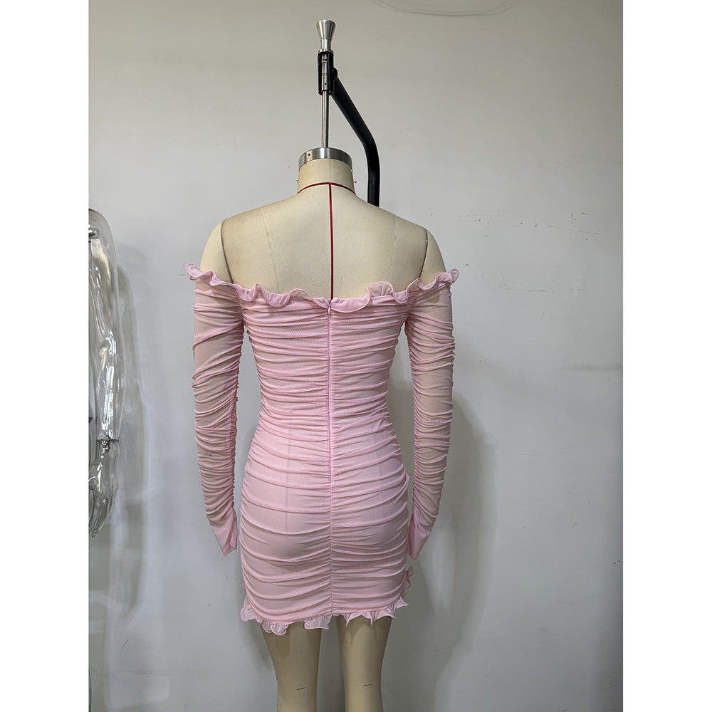 Women's Off Shoulder Fashion Sexy Long Sleeve Beaded Slim Short Dress 7