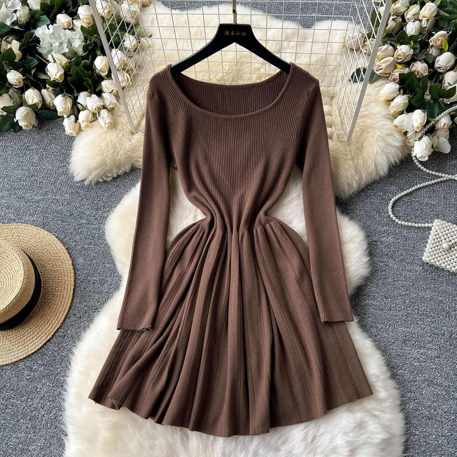 Square Neck Long Sleeve Knitting Dress Slim Waist Slim Fit Pleated Sweater Dress