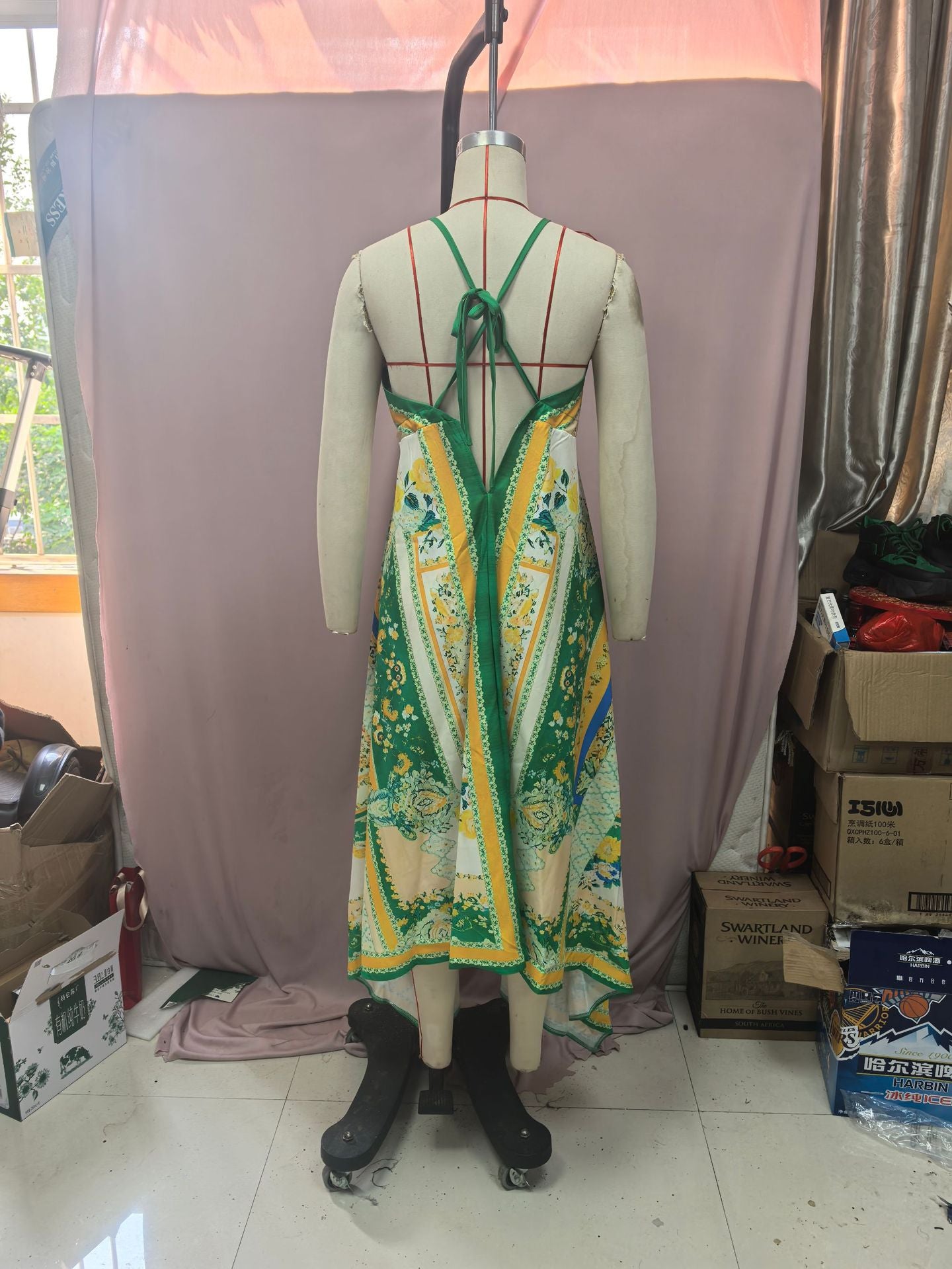 Women Spring/Summer Off-The-Shoulder V-Neck Strappy Print Dress 11