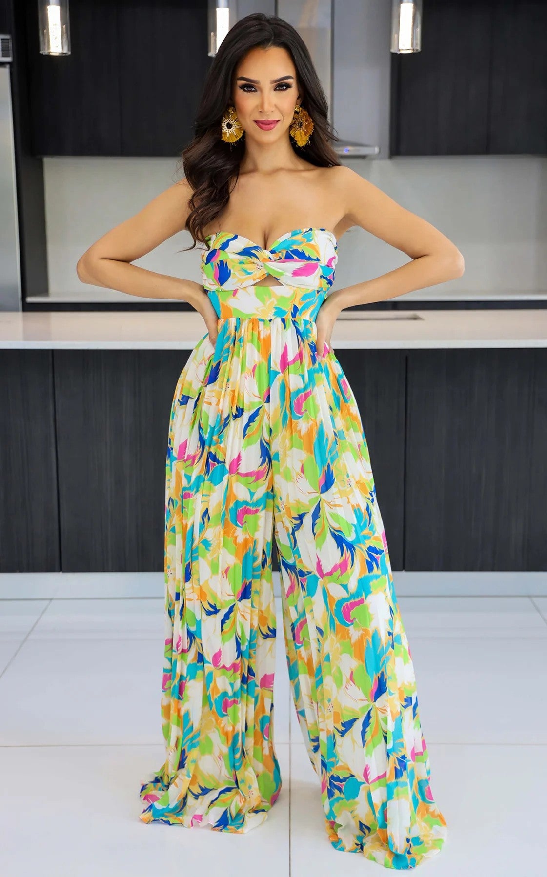 Women Summer Off Shoulder Print Pleated Jumpsuit 3