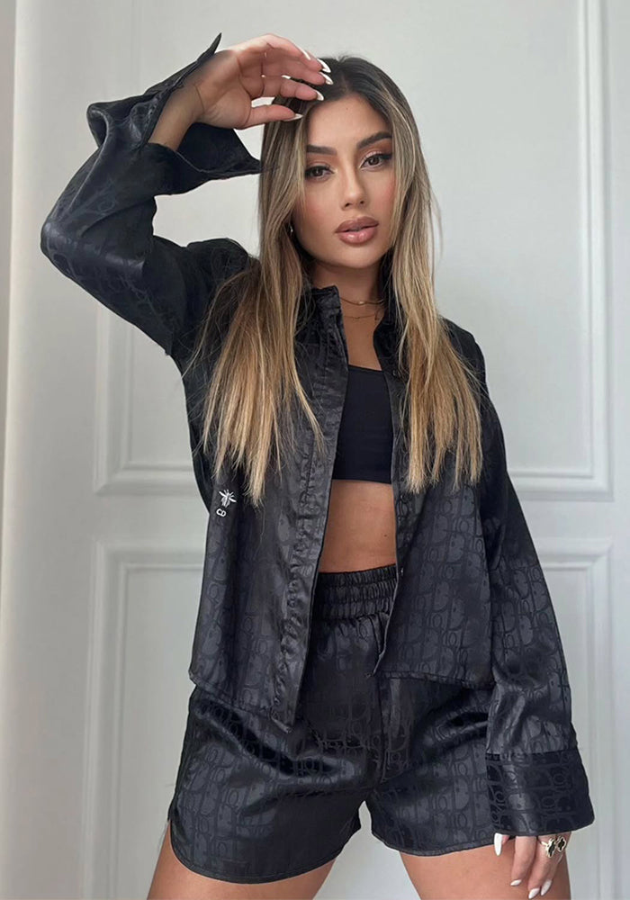 Women Elegant Satin Embroidered Long-Sleeved Top and Shorts Two-Piece Set