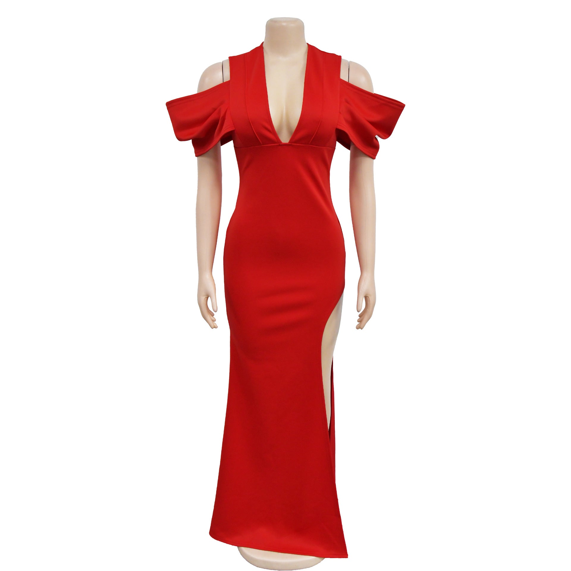 Women's Fashion Solid Color V-Neck Pleated Slit Maxi Dress 15