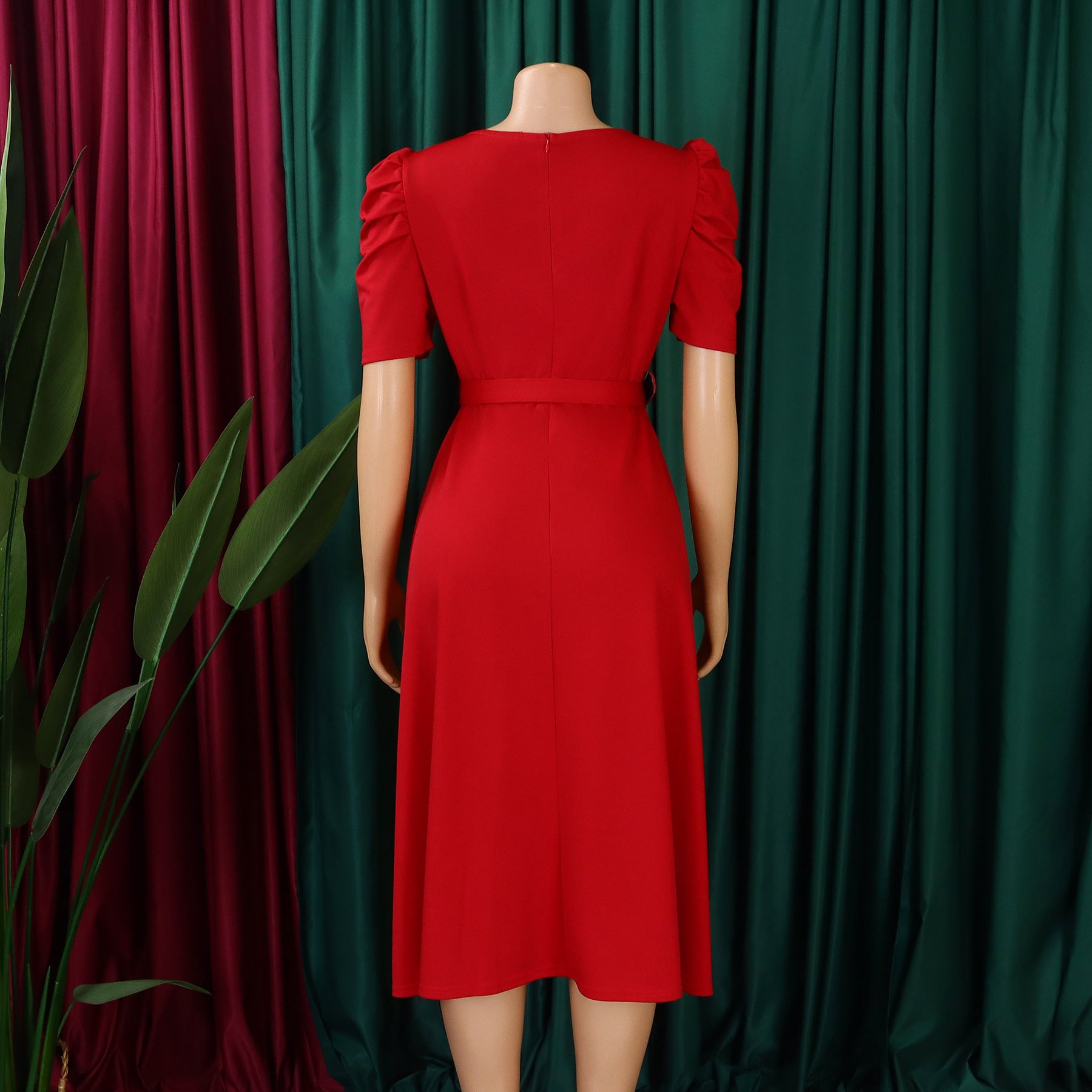 Women's Fashion Pleated Chic Elegant V-neck A-line African Dress 8