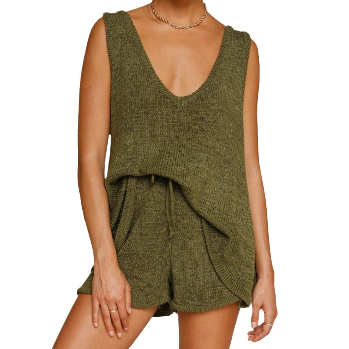 Summer fashion casual deep V-neck knitting vest and shorts two-piece set 12