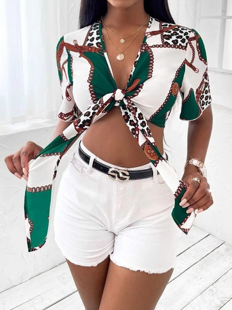 Women's Bow Tie Sexy Shirt Summer Short-Sleeved Printed Top 8