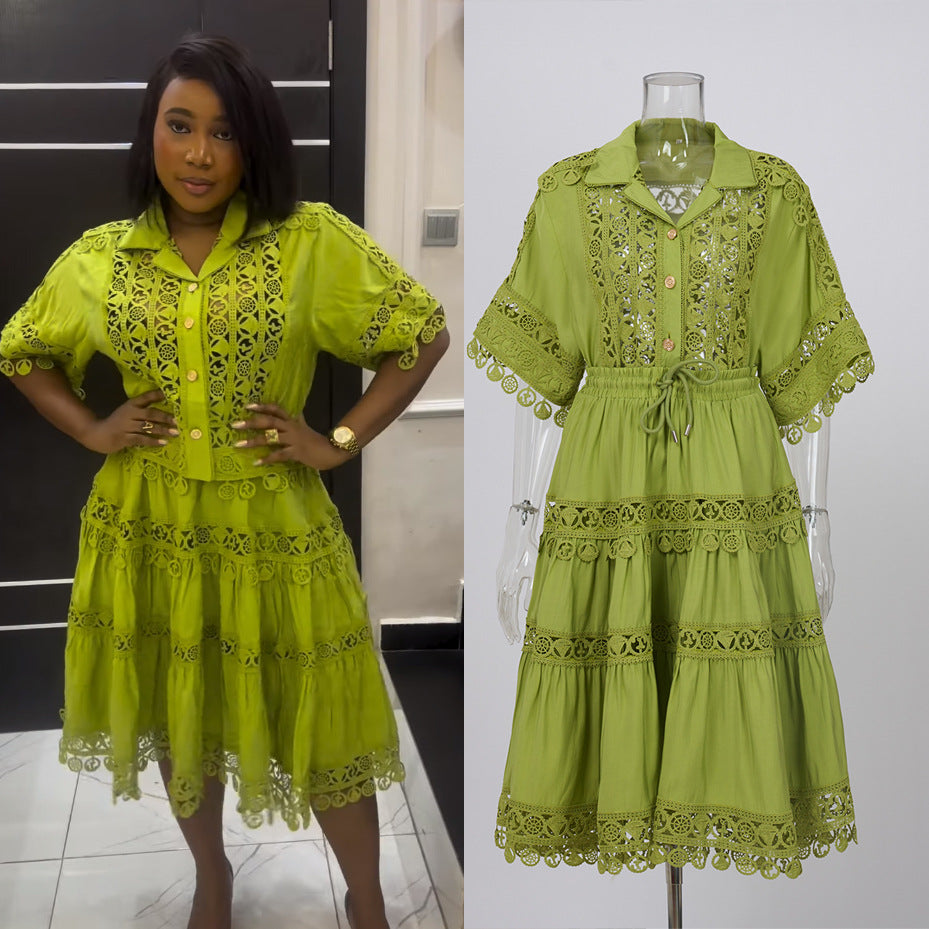 Women French Lace Hollow Crochet Flower Top Lace Patchwork Skirt Two Piece