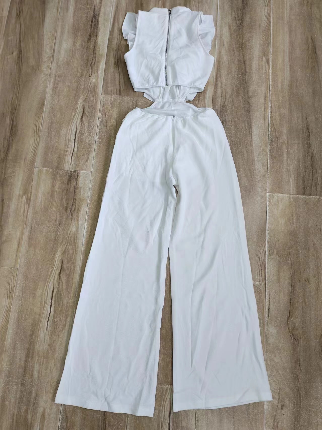 Women Summer Solid Round Neck Ruffle Wide Leg Jumpsuit 9