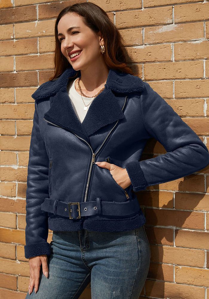 Autumn And Winter Fur Warm Women's Leather Jacket With Belt For Women Turndown Collar Coat