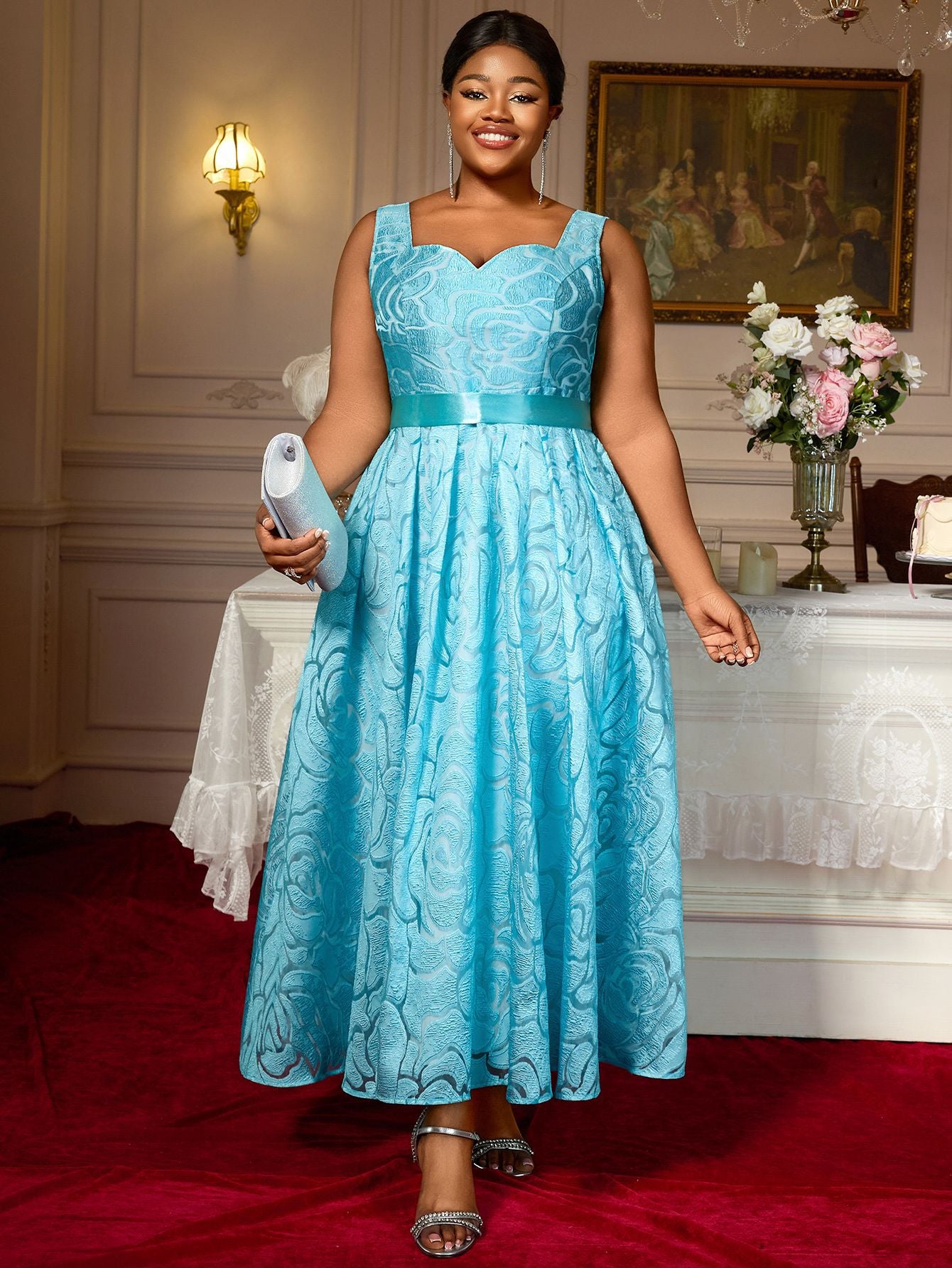 Women's Sexy V-Neck Strap Dress Jacquard High Waist Fashion Elegant Formal Party A-Line Evening Gown Dress