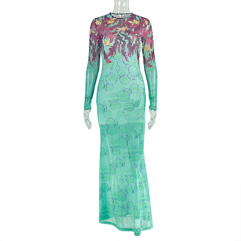 Trendy Summer Women's Print Slim Fit High Neck Long Sleeve Dress 8