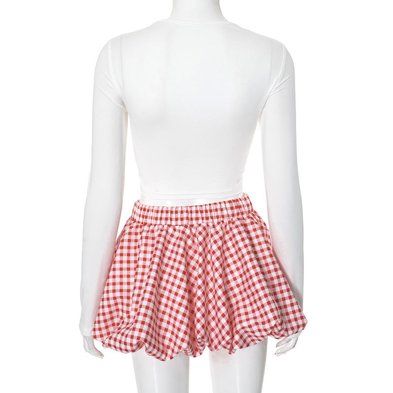 Women Plaid Bow Top and Contrast Color Bud Skirt Two Piece Set 7