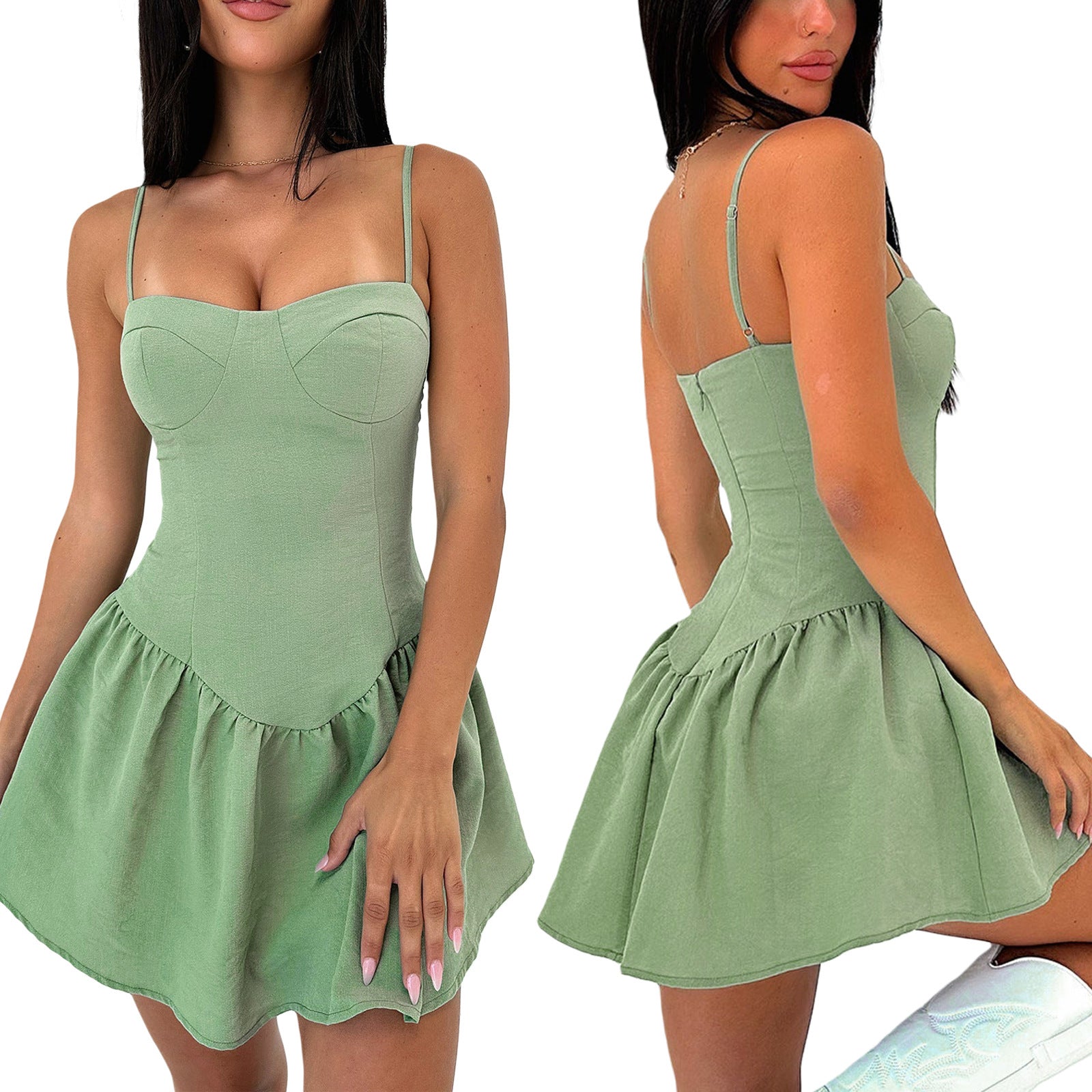 Women suspender ruffled solid dress 4