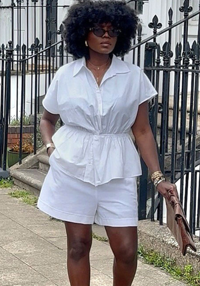 African Women casual turndown collar shirt with solid shorts two-piece set