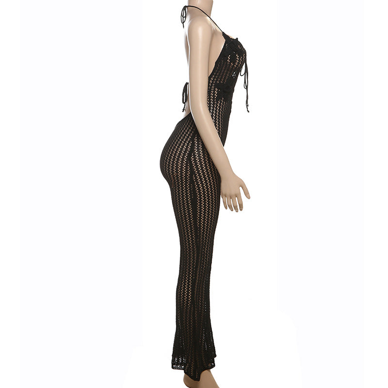 Spring Sexy Halter Neck Low Back Slim Flared Jumpsuit 15