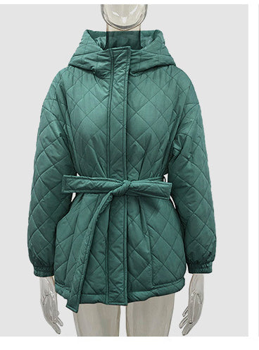 Women's Winter Clothes Slim Fit Lace-Up Turndown Collar Long Sleeve Long Style Hooded Cotton-Padded Jacket 12