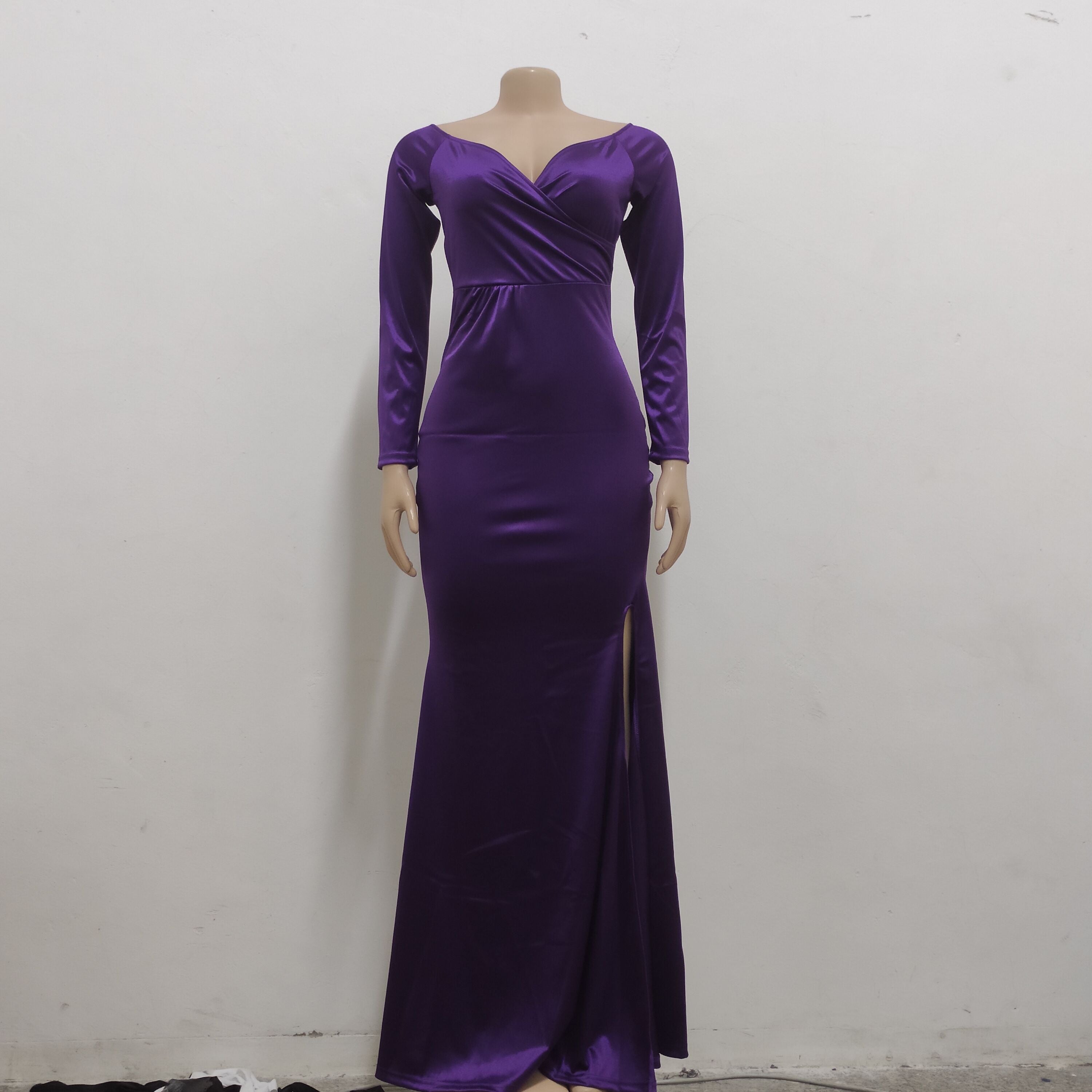 Sexy Fashion Big V-Neck Solid Off Shoulder Slit Evening Dress 21