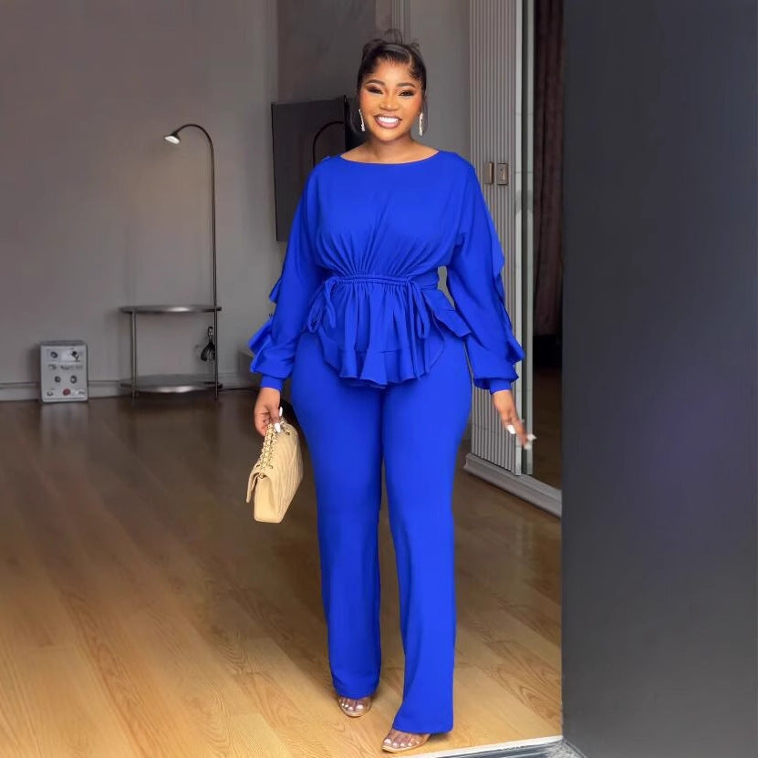 Women elegant lace drawstring long sleeve Top and Pants Two-piece Set 8