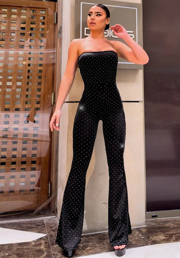 Women Sparkling Polka Dot Strapless Wide Leg Jumpsuit