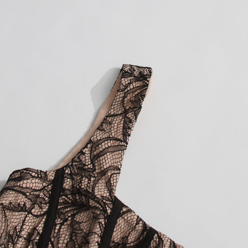 Women French Retro Summer Suspender Maxi Fishbone Lace Dress 10