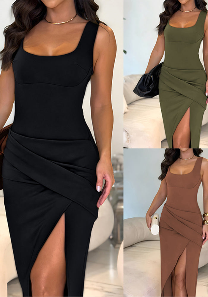 Women Sexy Square Neck Backless Slit Dress