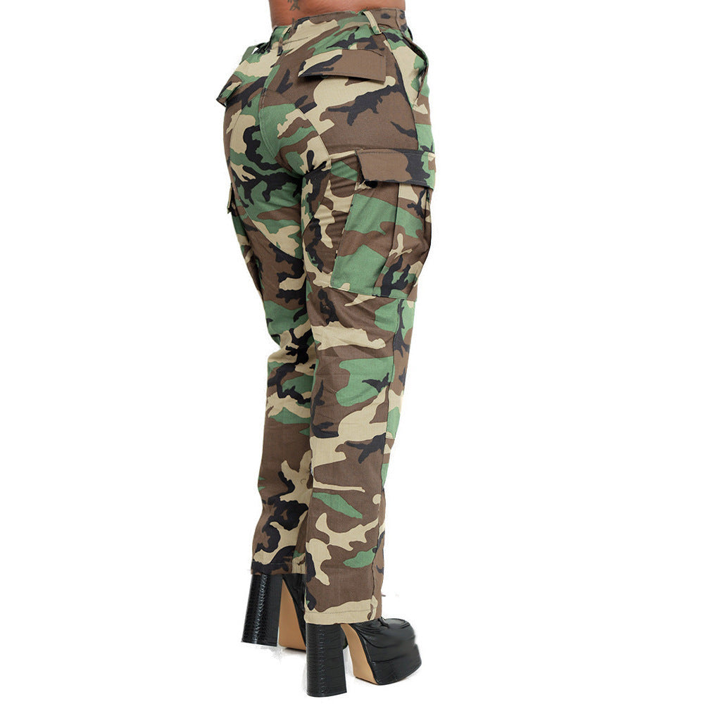 Women Casual Camouflage Print High Waist Straight Leg Pants 12