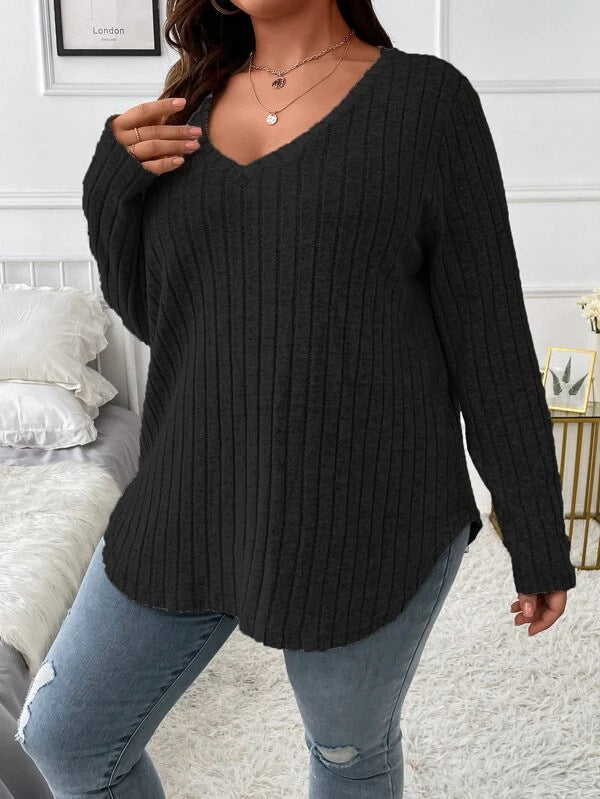 Women's Autumn Winter Solid Color Ribbed V-Neck Plus Size Pullover Top 15