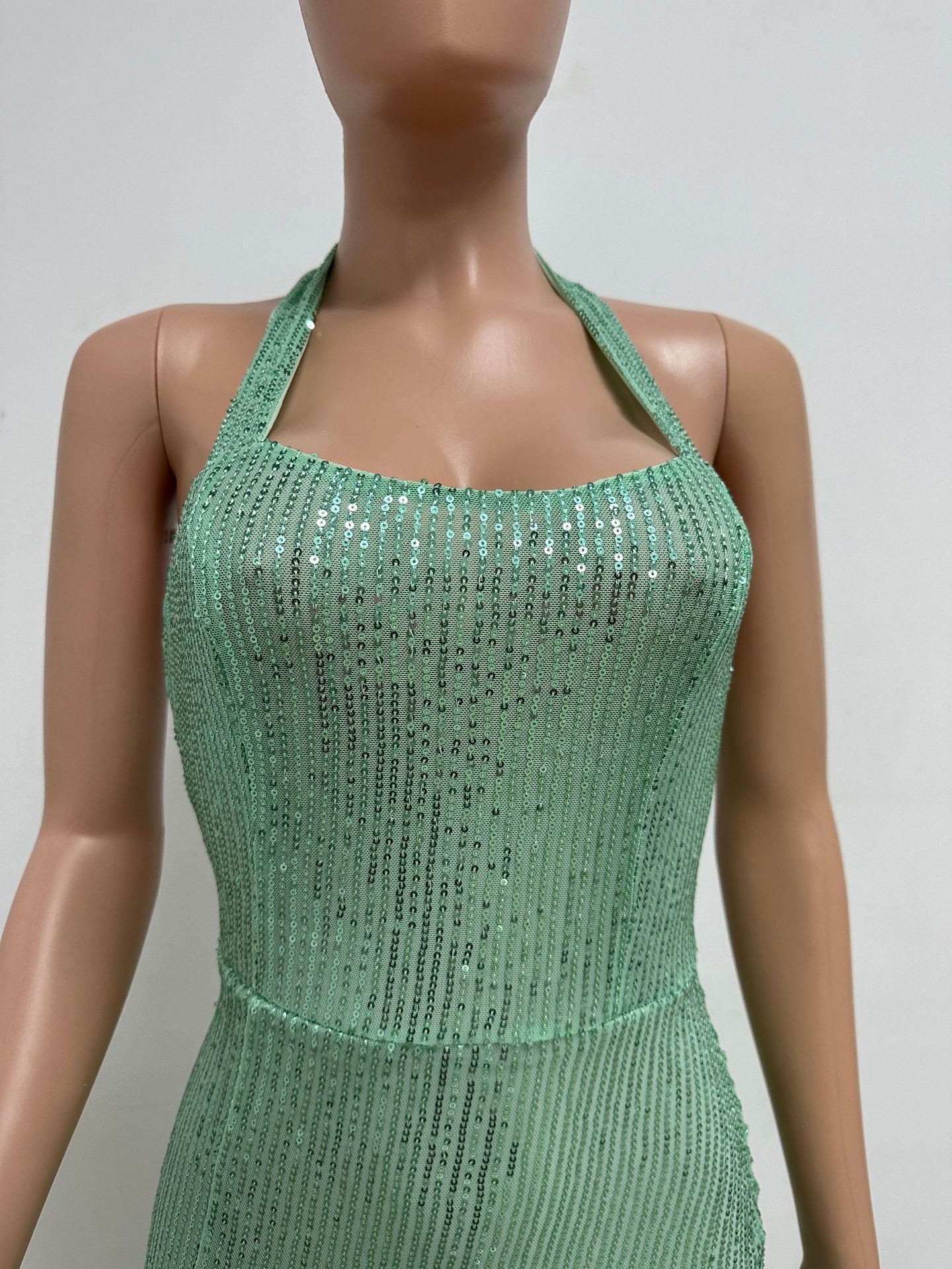 Women Sleeveless Halter Neck Backless Sequin Slit Evening Dress 58