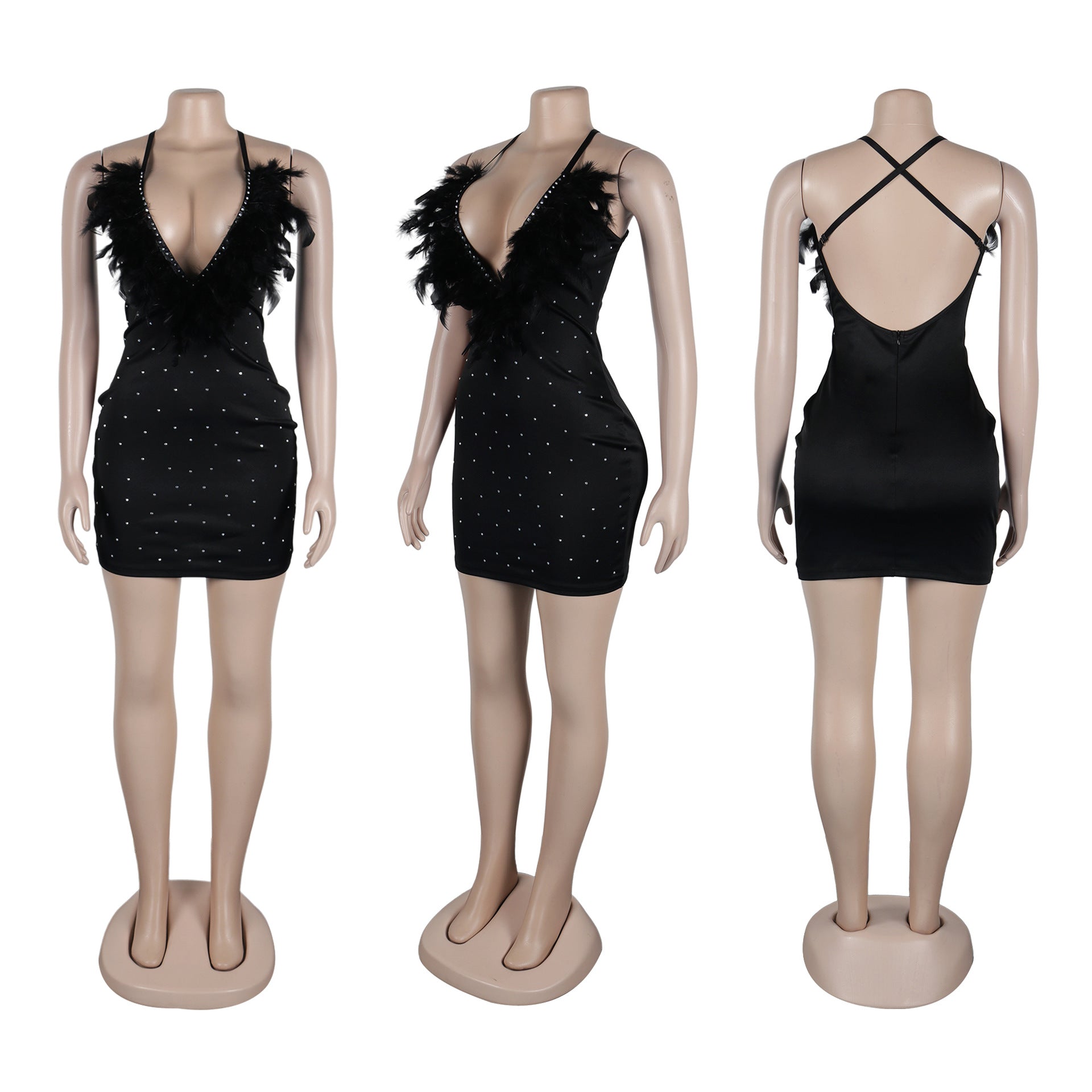 Women Sexy Beaded Feather V-Neck Backless Bodycon Dress 11