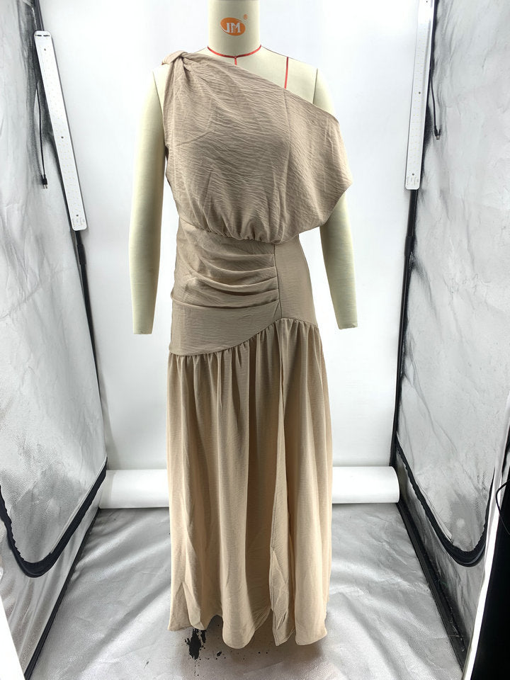 Solid Sexy Slash Shoulder Off-Shoulder Slim Waist Slit Gown Dress 17