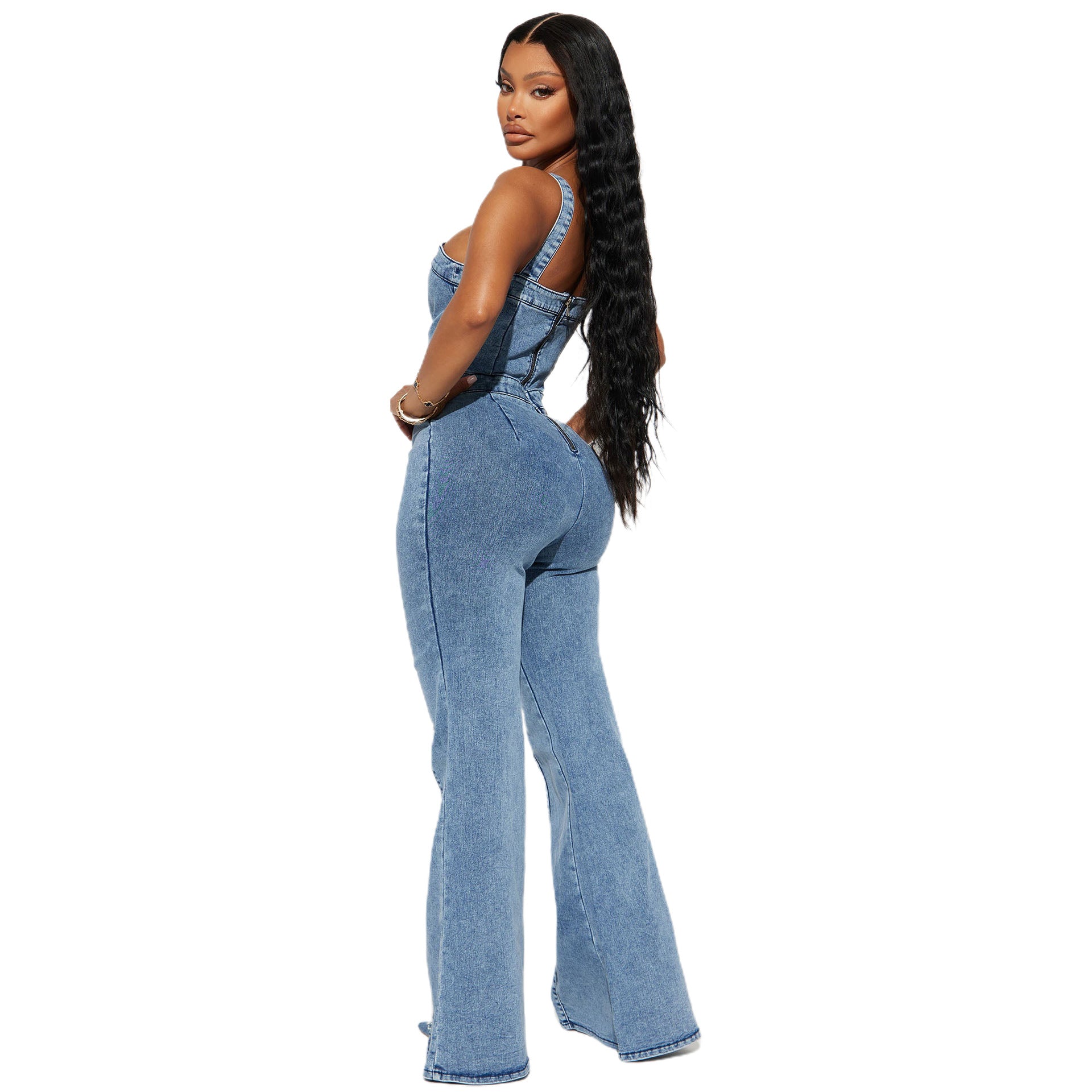 Women's Fashion Casual Sexy Suspenders Denim Jumpsuit Wide Leg Pants Bell Bottom Pants 5