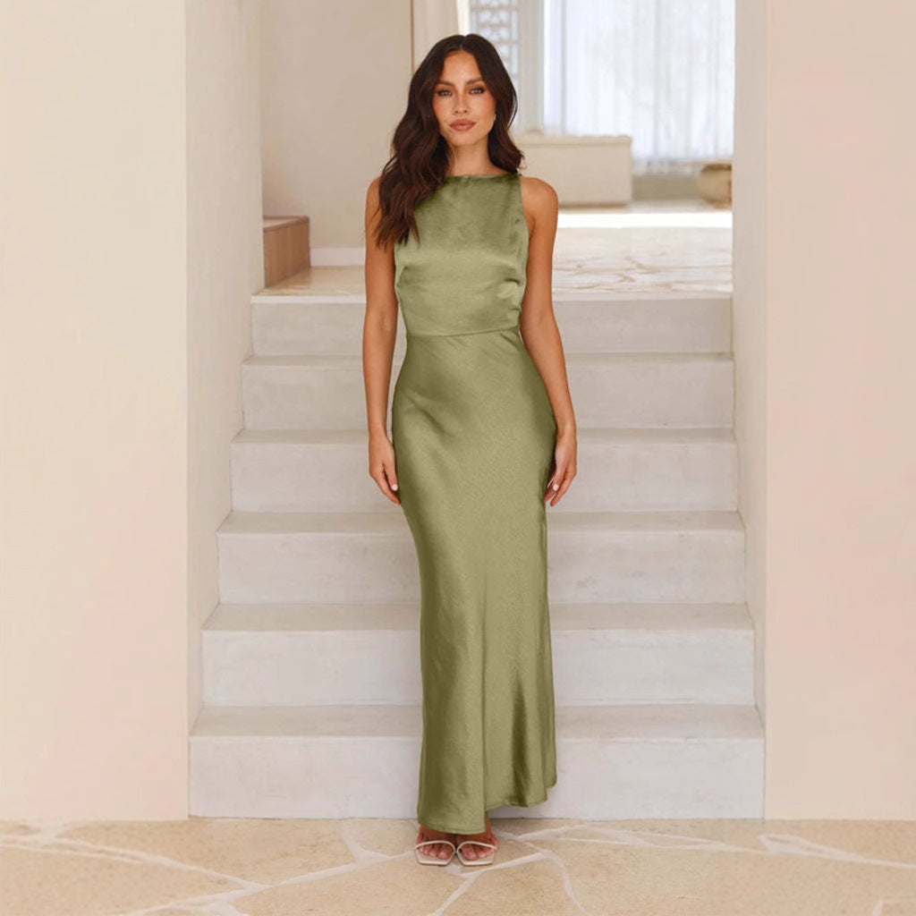 Women Solid Satin Sexy Backless Strap Fishtail Dress