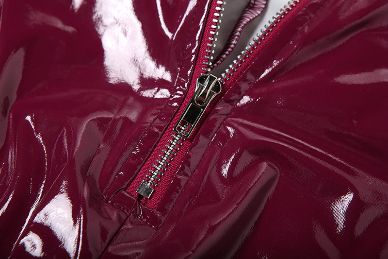 Women Sexy Pu Leather Halter Neck Backless Suspender Zipper Top and Pants Two-Piece Set 17