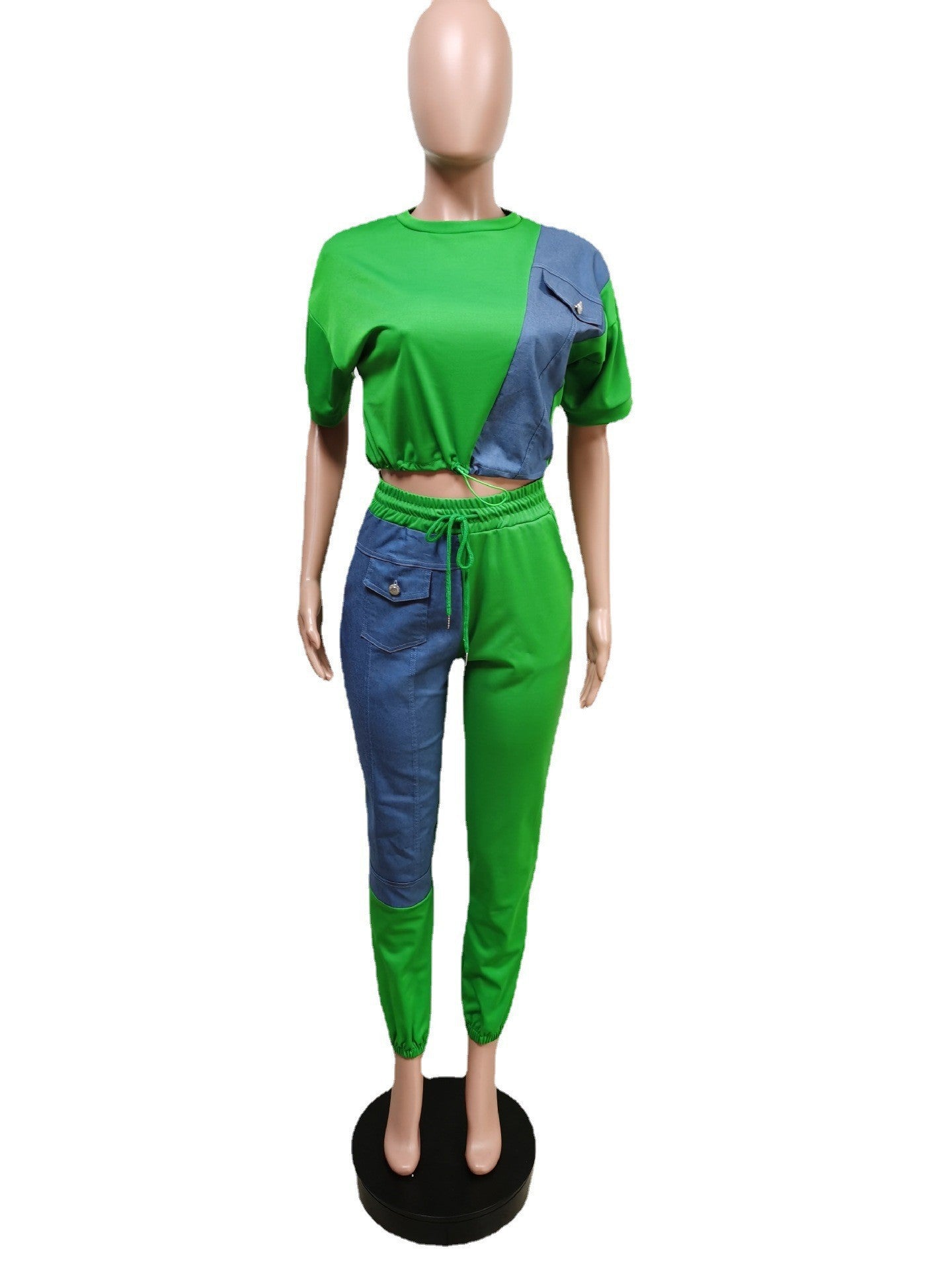 Women Fashion Solid Contrast With Denim Top And Pant Two Piece Set 25