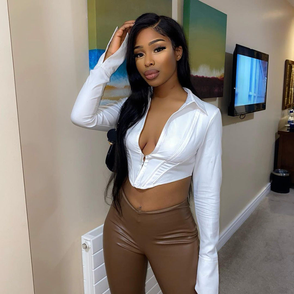 Women Sexy Long Sleeve Crop Shirt 4