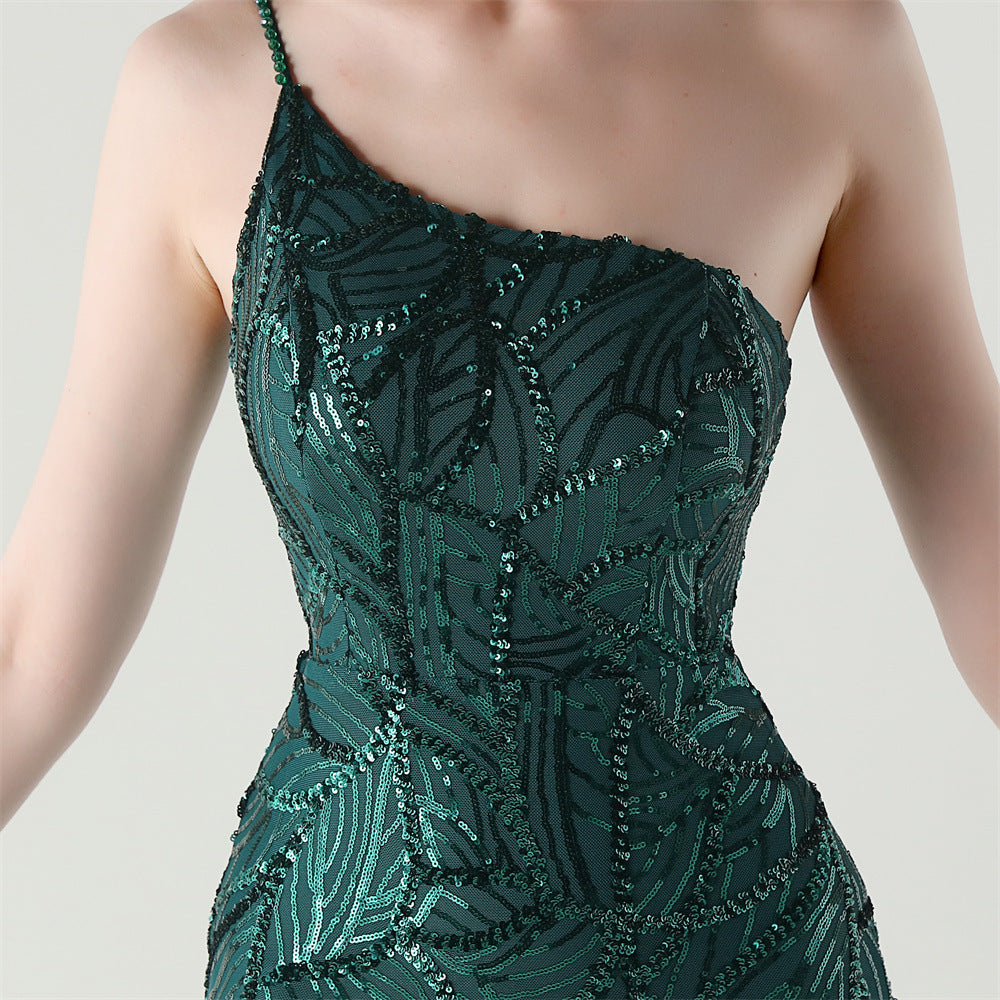 Women One Shoulder Beaded Geometric Sequin Formal Party Prom Wedding Evening Dress 69